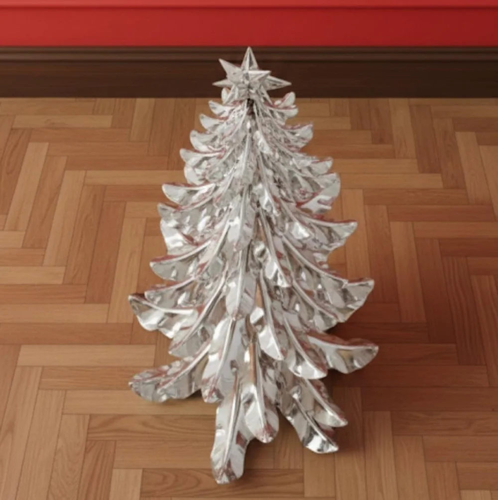 SHINY SILVER PLASTIC CHRISTMAS TREE WITH STAR TOPPER HOLIDAY DECOR. APPROX: 14”. - Picture 2 of 2